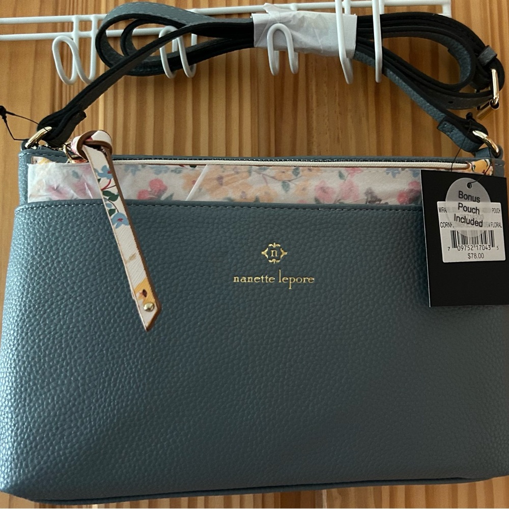 Nanette Lepore Women's Crossbody Bag with Bonus Pouch Cornflower Blue Floral NWT